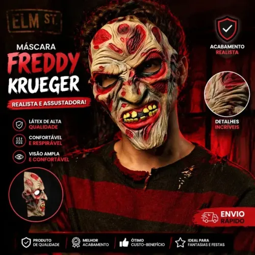 Máscara Freddy Krueger Realista 3D Latex Halloween Top