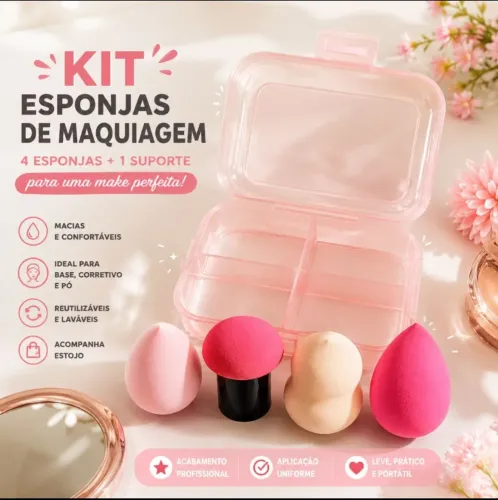 Kit com 4 Esponjas para Maquiagem com Estojo - Novo