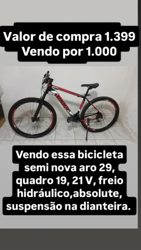 Vendo essa bicicleta semi nova aro 29 21 velocidade quadro 19 freio hidráulico absolute