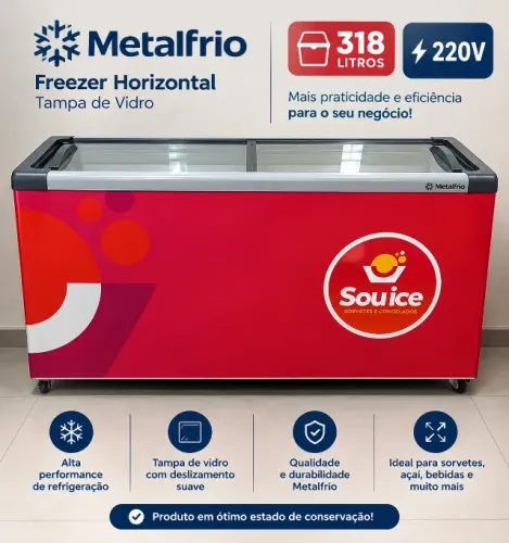 Freezer horizontal - Metalfrio - Tampa de Vidro - 318 Litos - 220v