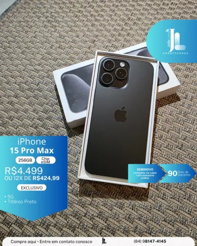 IPHONE 15 PRO MAX, 5G, 256GB, CHIP ESIM, SEMINOVO, EXCLUSIVO!