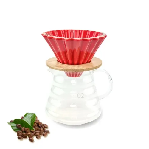 Conjunto Porta Filtro Estilo Origami Cerâmica 02 com Base Madeira Jarra 600 ml