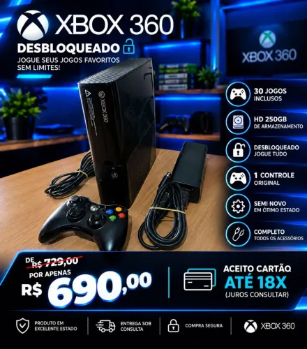 XBOX 360 - DESBLOQUEADO / 250GB/ 30 JOGOS + garantia