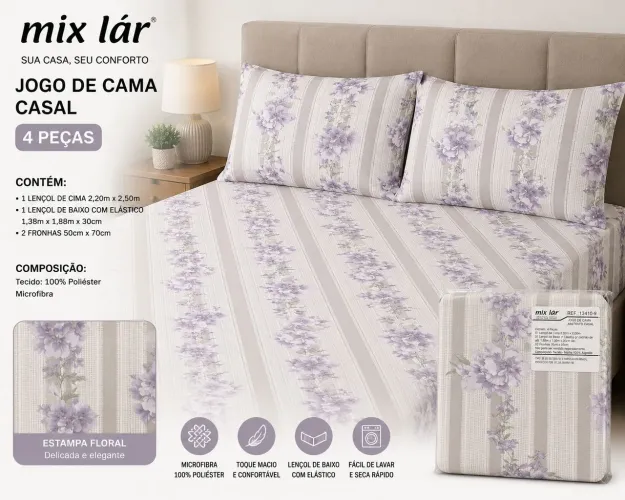 Jogo de cama,casal 4 peças Mix lár 