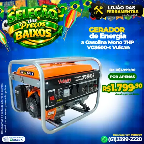 Gerador de Energia a Gasolina Mono 7HP VG3600-s Vulcan