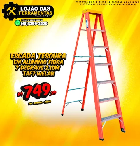Escada Tesoura em Alumínio Fibra 7 Degraus 2,10M Taf7 Welan