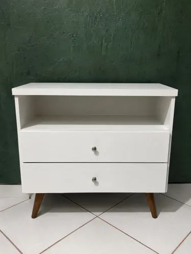 Aparador Branco Mesa Cabeceira com Pés Palito e 2 Gavetas - Ótimo Estado