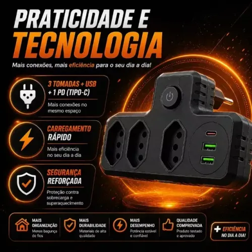 Conector de extensão Portátil Universal, tês tomadas.