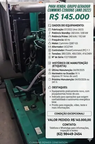 PARA VENDA: GRUPO GERADOR CUMMINS C200D6E (ANO 2022)