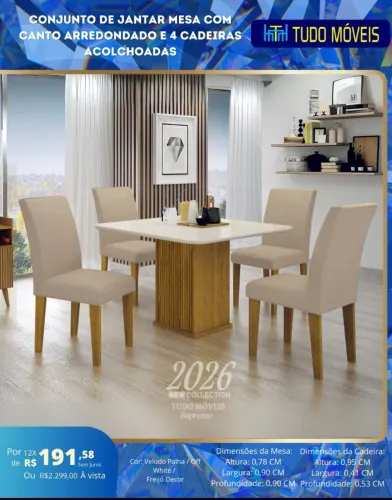 Conjunto de jantar Mesa com 4 cadeiras estofadas
