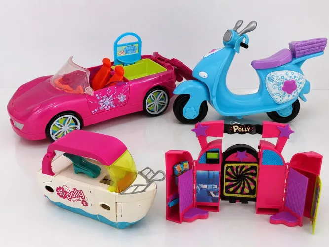 Kit Polly Pocket Original Mattel - Carro, Moto, Barco e Palco de Show (2008/2010)