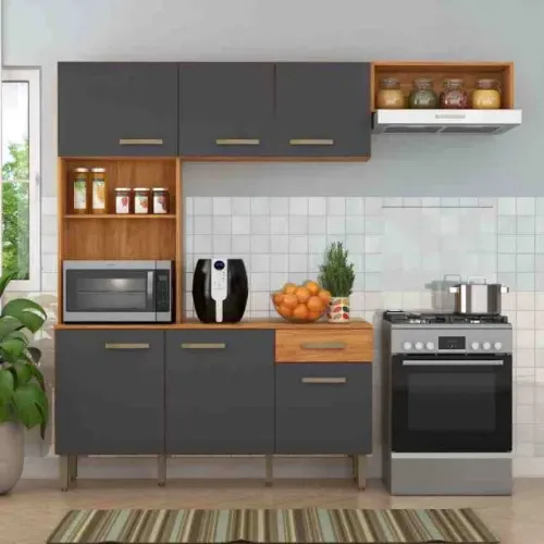 Armário de Cozinha Compacta Nina 6Pts 1Gv Cinamomo/Grafite Fellicci - Entrega Rápida!