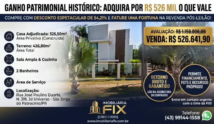 ? GANHO PATRIMONIAL HISTÓRICO: ADQUIRA POR R$ 526 MIL O QUE VALE R$ 1.150.000,00!