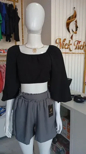 Cropped preto luxo em alfaiataria premium mangas compridas