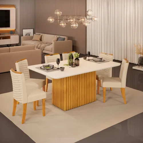 12X SEM JUROS - CONJUNTO DE JANTAR COM MESA RIPADA E 6 CADEIRAS ACOLCHOADAS