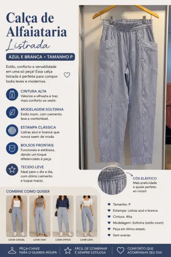 Calça Listrada Azul e Branca Cintura Alta - Tam. P ?