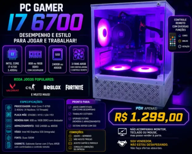 PC Gamer i7-6700 + SSD + ARGB | Pronto para usar | Aceito cartão