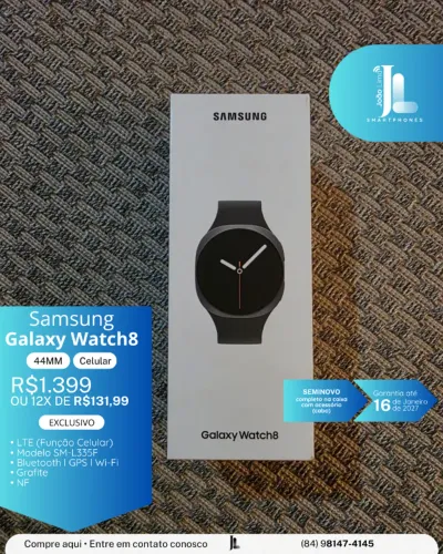 GALAXY WATCH8, 44MM, CELULAR, GRAFITE, SEMINOVO NA GARANTIA, EXCLUSIVO!