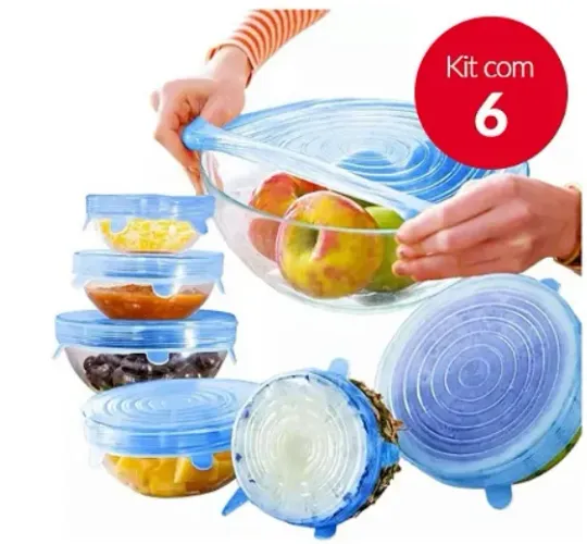 Kit 6 Tampas de Silicone Elástica Azul - Reutilizável e Ajustável Topoer, copos, potes