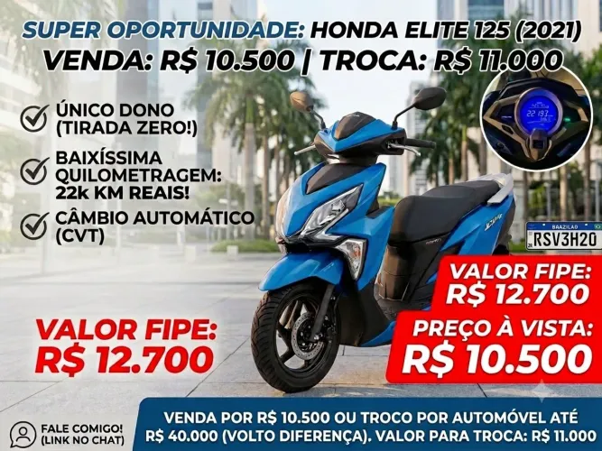 Honda Elite 125 (2021) - Único Dono, Apenas 22k km, Automática + Aceito Troca por Carro!