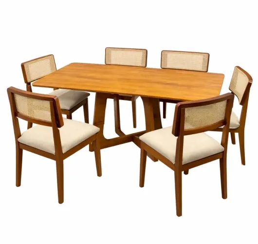 Mesa Jantar 160x80cm Sem Vidro e 6 Cadeiras Bella em Linho Madeira p76