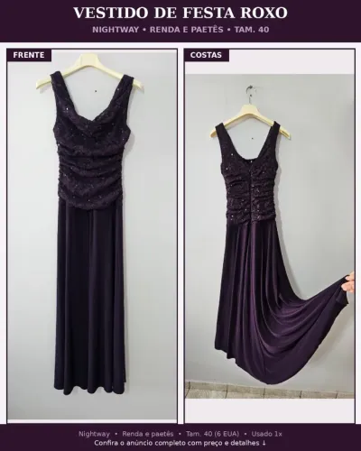 ? VESTIDO DE FESTA ROXO COM RENDA E PAETÊS | Nightway | Tam. 40 (6 EUA) ? USADO 1X