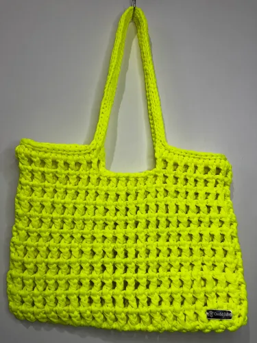 Bolsa de Crochê Grande Amarelo Neon Vazada Fio de Malha Artesanal