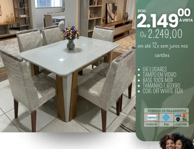 Mesa de jantar luxuosa 6 lugares promoção