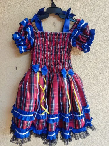 Vestido Infantil Festa Junina quadrilha- Xadrez Vermelho e Azul