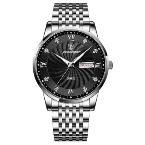 Relógio de Pulso Masculino Clássico Quartz Poedagar Mostrador Preto e Pulseira Aço Inox