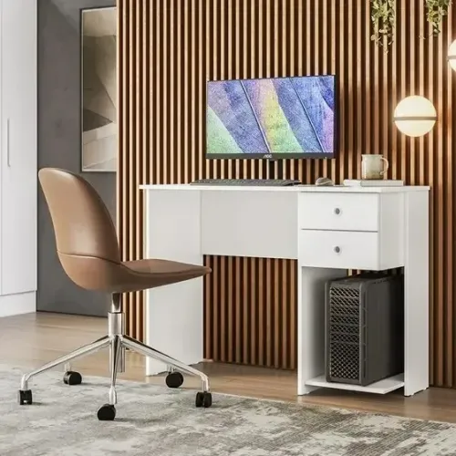 "Funcionalidade e Estilo: Mesa de Computador Branca com 2 Gavetas e Nicho para CPU"