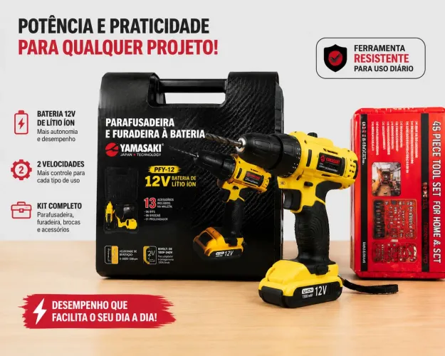 Kit Ferramentas Completo 46 Peças + Parafusadeira 12V Recarregável para Casa e Reparos
