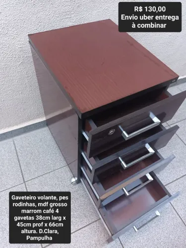 Gaveteiro mdf marrom 4 gavetas pés rodinhas