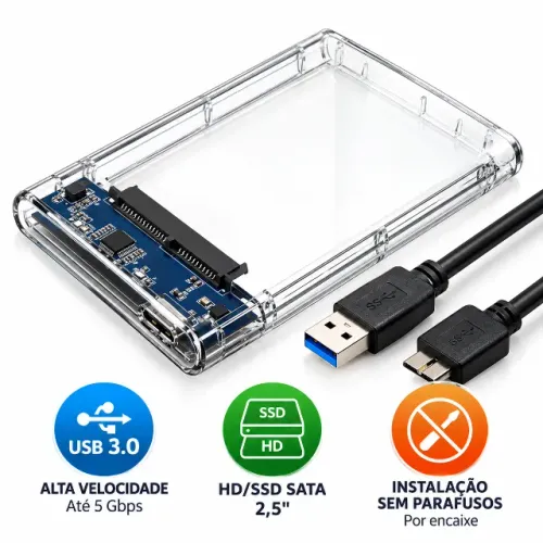 Case HD Externo SSD 2.5 SATA USB 3.0 com Cabo