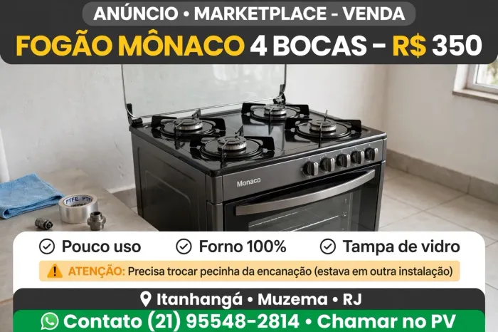 Fogão 4 Bocas Mônaco Tampa Vidro Pouco Uso - R$350 Muzema