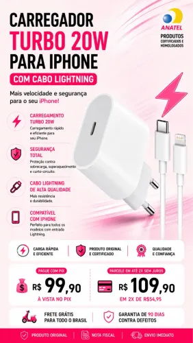 Carregador para iPhone 11 12 13 14 turbo 20w lighting