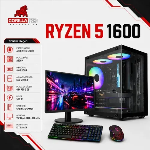 PC Completo Ryzen 5 1600 GTX 750 8GB SSD 240GB + Monitor 19" Novo