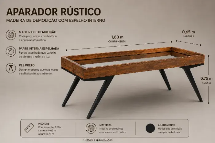 Aparador em madeira rústica com espelho