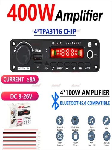 Placa MP3 Amplificada 400W (4x100W) 8-26V *Entrego Aceito Cartão