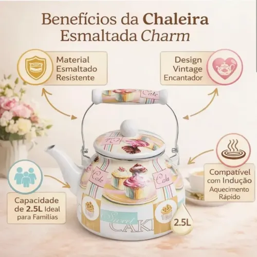 Chaleira Esmaltada 2,5L Funciona à Indução, elétrico, gás, lenha. Charm Cor Cake