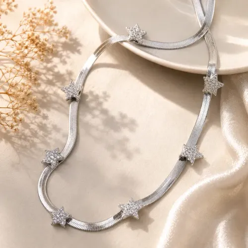 Corrente Fita Com Estrelas Cravejadas Banho de Ródio Branco