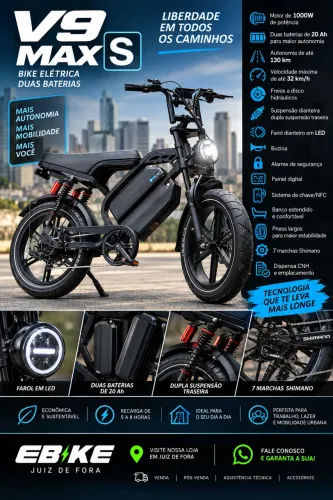 Bicicleta elétrica V9 S 2 baterias lançamento 