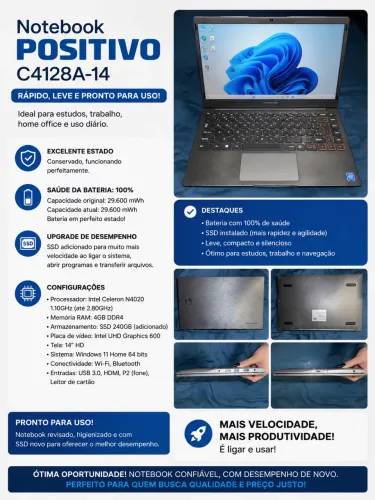Notebook Positivo C4128A-14 | SSD 240GB | Bateria 100% | Windows 11