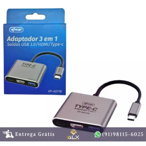 Adaptador Tipo c 3 Em 1 para Usb-c/hdmi/usb 3.0 Kp-ad118 - Knup *ENTREGA GRÁTIS*