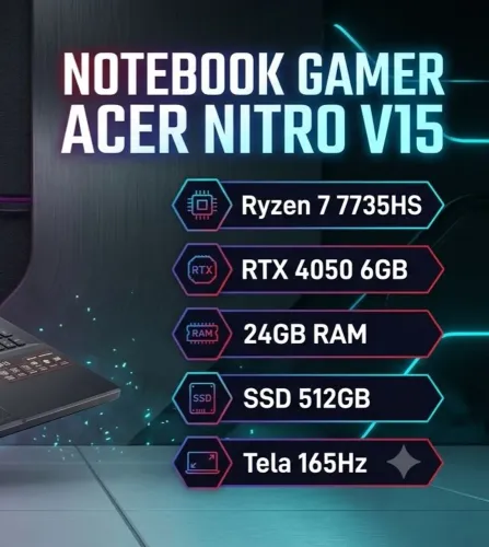 Notebook Gamer Acer Nitro V15 - Ryzen 7, RTX 4050, 24GB RAM