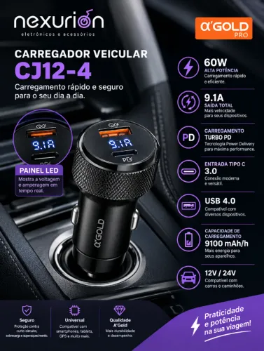 Carregador Veicular A?Gold CJ12-4 60W USB 12V/24V Carregamento Rápido