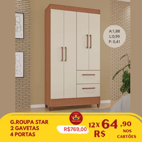 PROMOÇÃO URGENTE - Guarda-Roupa Star 100% MDF 4 PORTAS Canelato apenas 12x de R$64,90