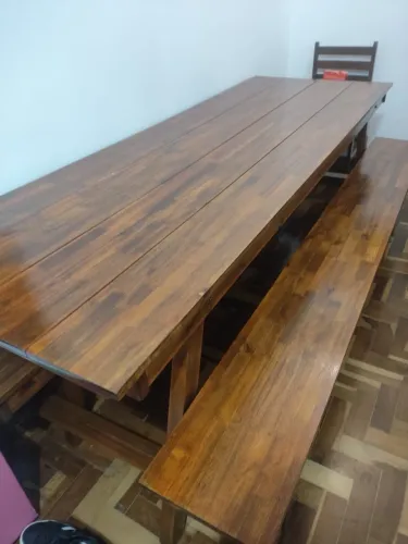 Mesa de madeira para sítio 2,70 metros + 2 bancos de madeira