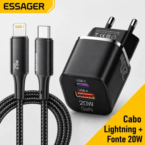 Kit Essager - Cabo Lightning 1m USB-C + Carregador GaN 20W