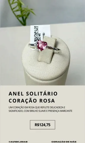 Anel Solitário Coração Rosa em Prata 925